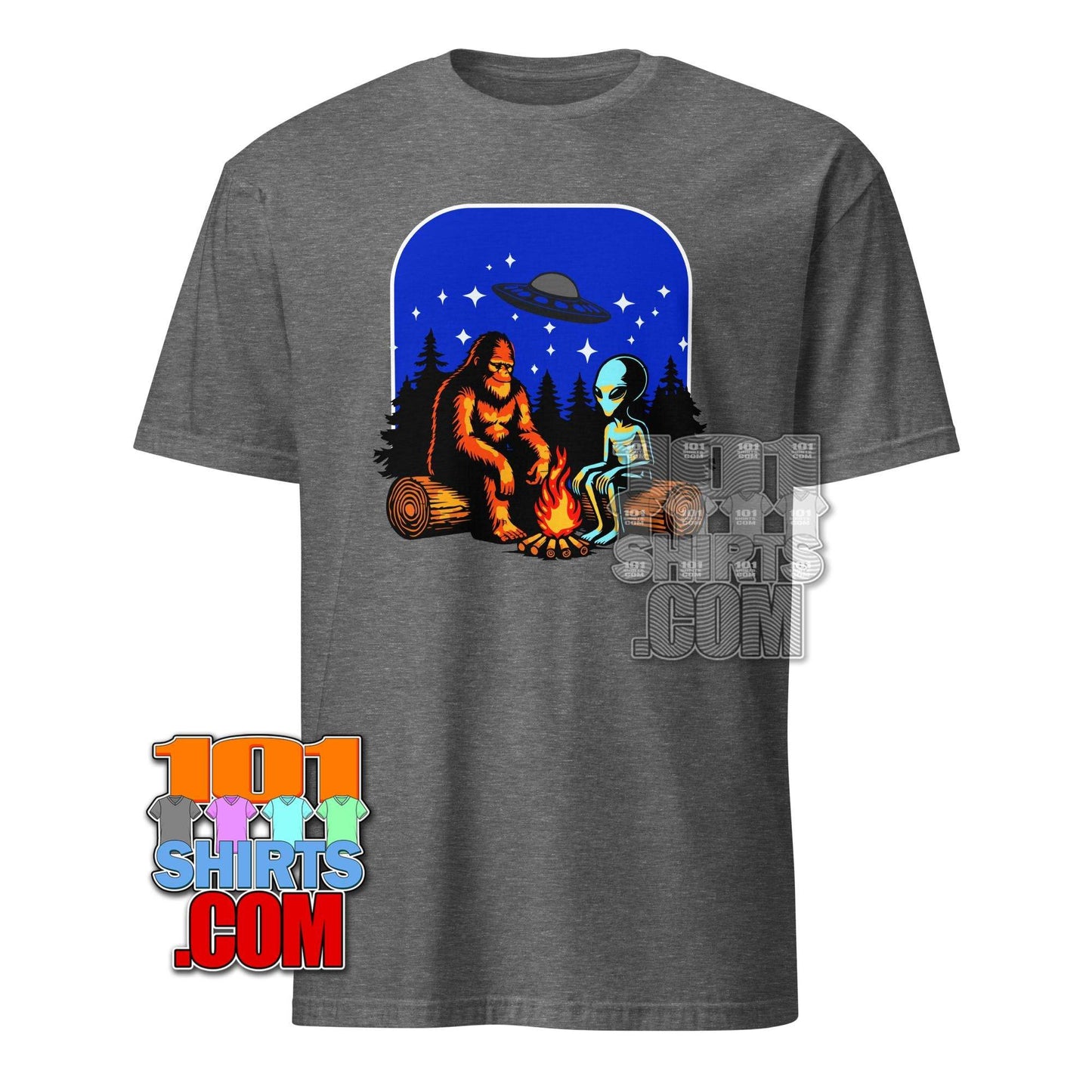 Bigfoot & Alien Campfire T-Shirt – Where Cryptozoology Meets the Cosmos! Tee - 101SHIRTS
