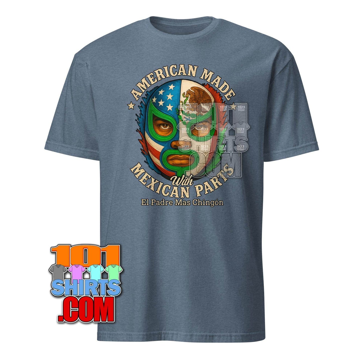American Made with Mexican Parts Lucha Libre Mask T-Shirt - Patriotic USA Mexico Wrestling Tee - 101SHIRTS