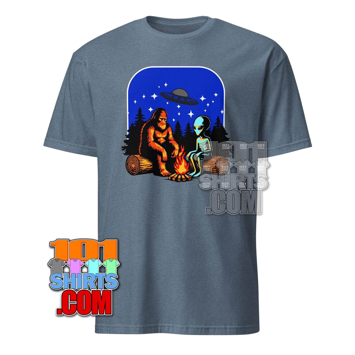 Bigfoot & Alien Campfire T-Shirt – Where Cryptozoology Meets the Cosmos! Tee - 101SHIRTS