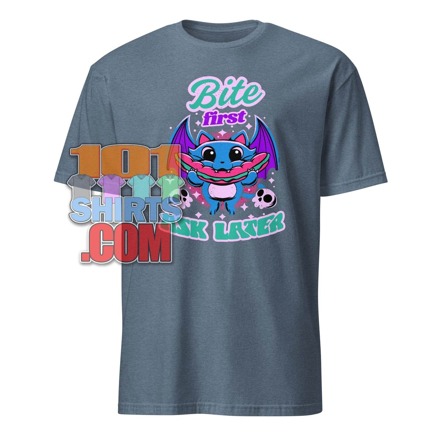 Bite First Ask Later Vampire Bat Hot Dog T-Shirt - Spooky Cute & Hungry Tee - 101SHIRTS