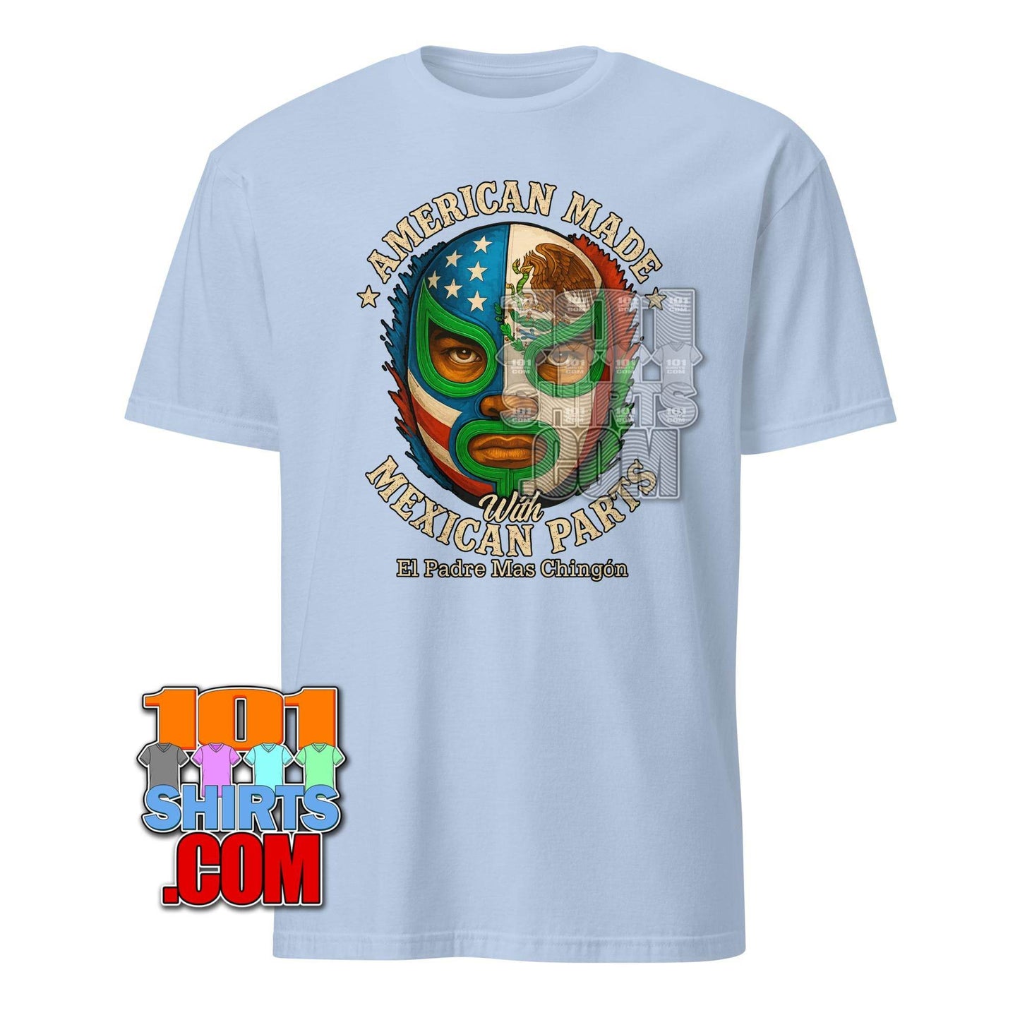 American Made with Mexican Parts Lucha Libre Mask T-Shirt - Patriotic USA Mexico Wrestling Tee - 101SHIRTS