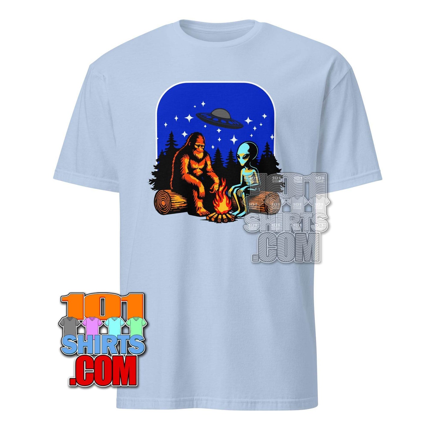 Bigfoot & Alien Campfire T-Shirt – Where Cryptozoology Meets the Cosmos! Tee - 101SHIRTS