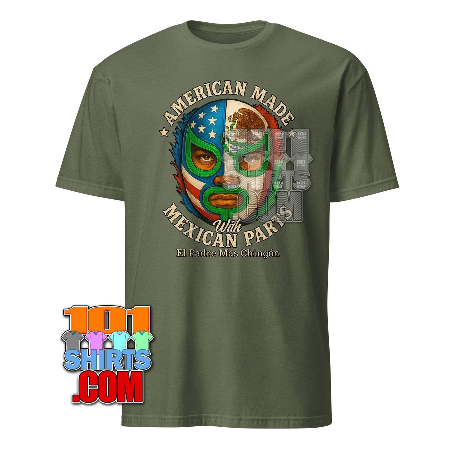 American Made with Mexican Parts Lucha Libre Mask T-Shirt - Patriotic USA Mexico Wrestling Tee - 101SHIRTS