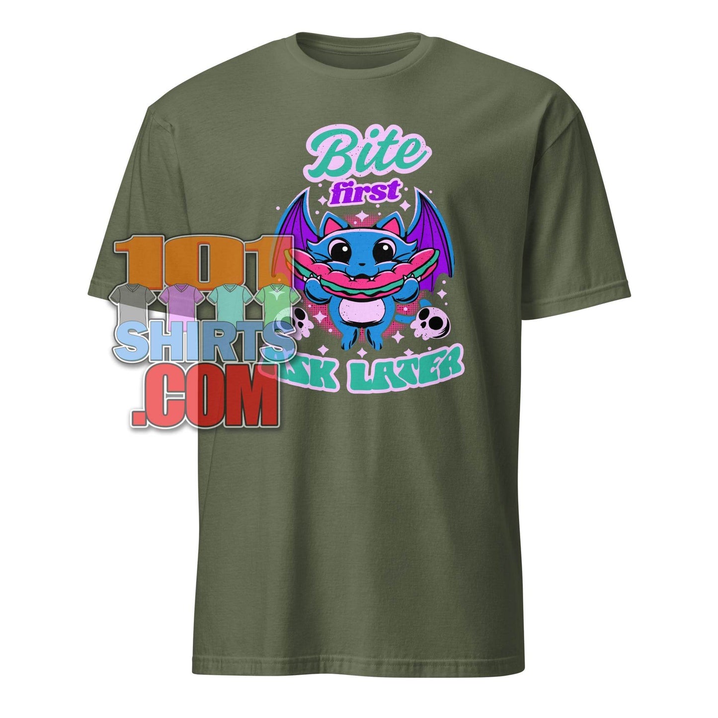 Bite First Ask Later Vampire Bat Hot Dog T-Shirt - Spooky Cute & Hungry Tee - 101SHIRTS