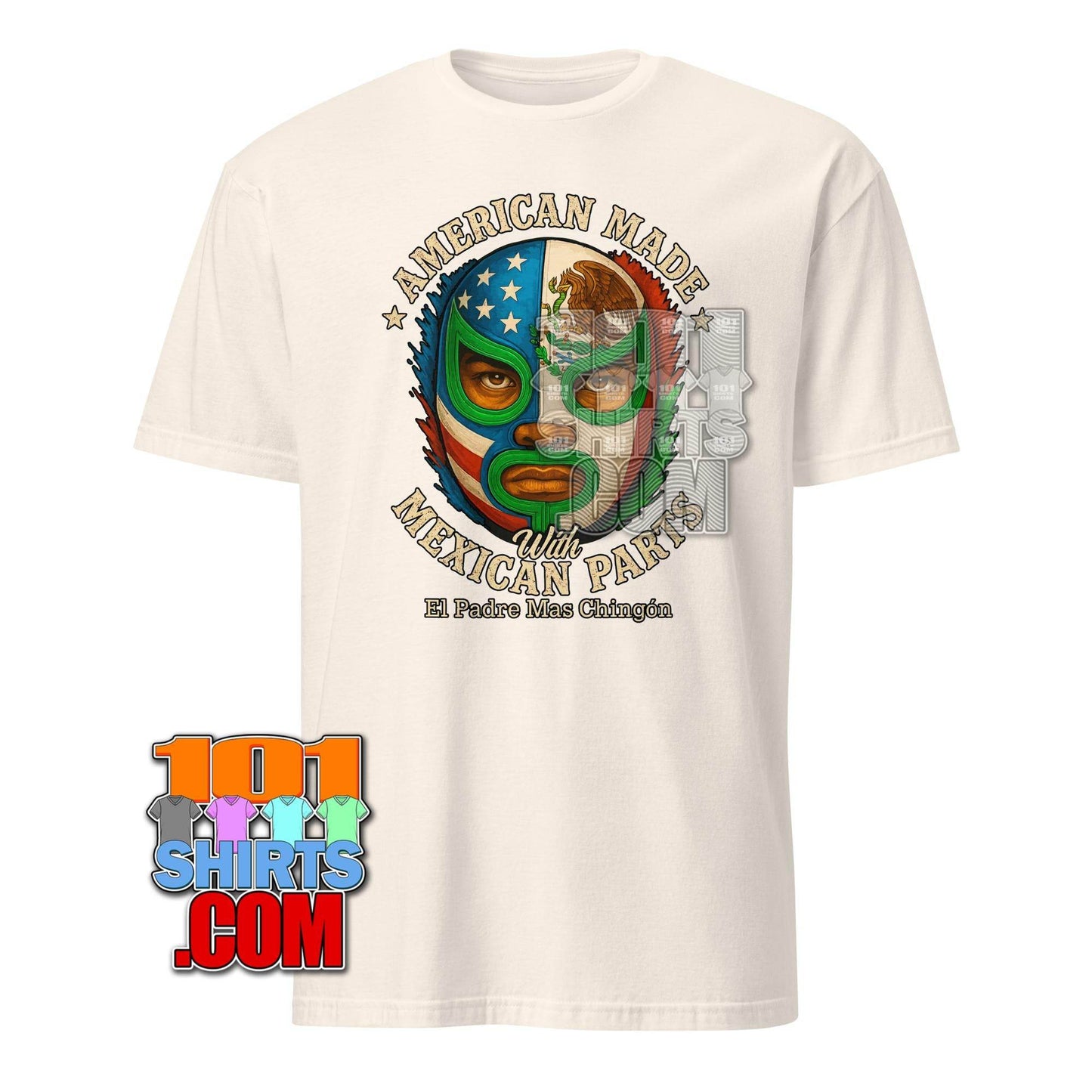 American Made with Mexican Parts Lucha Libre Mask T-Shirt - Patriotic USA Mexico Wrestling Tee - 101SHIRTS