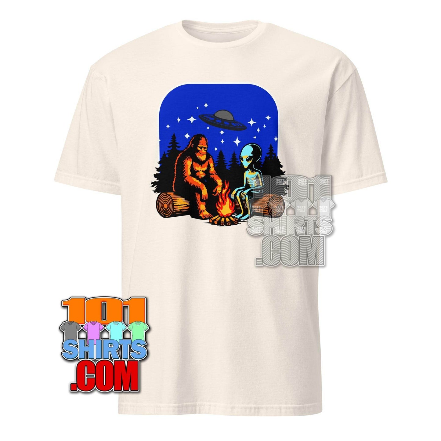 Bigfoot & Alien Campfire T-Shirt – Where Cryptozoology Meets the Cosmos! Tee - 101SHIRTS