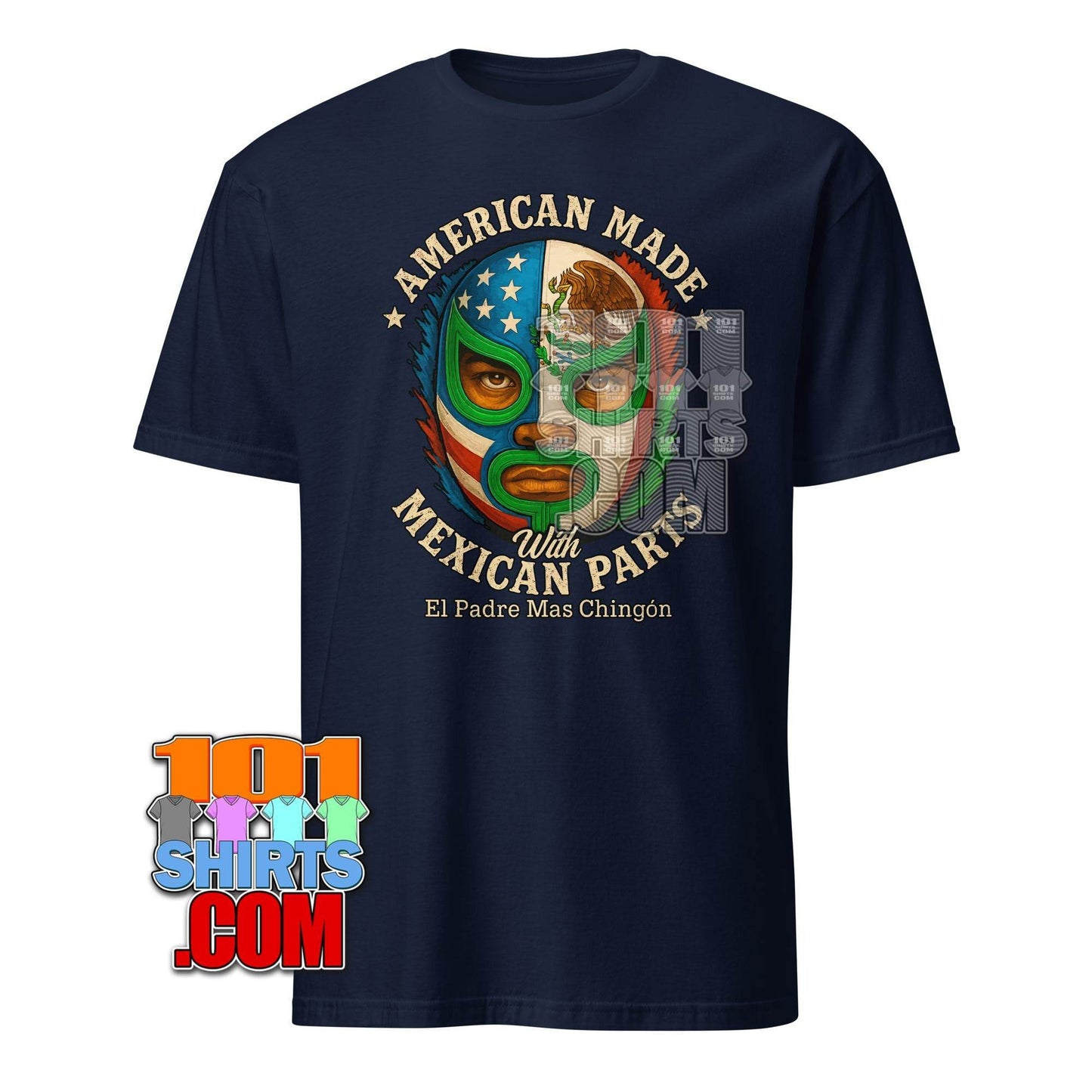 American Made with Mexican Parts Lucha Libre Mask T-Shirt - Patriotic USA Mexico Wrestling Tee - 101SHIRTS