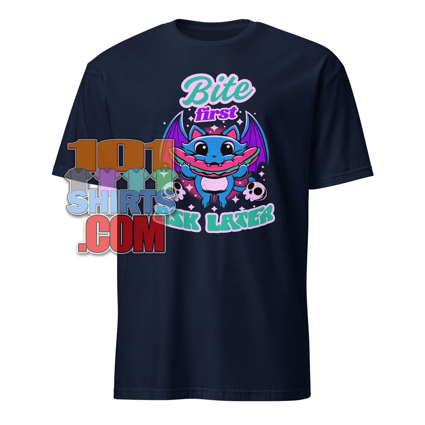 Bite First Ask Later Vampire Bat Hot Dog T-Shirt - Spooky Cute & Hungry Tee - 101SHIRTS
