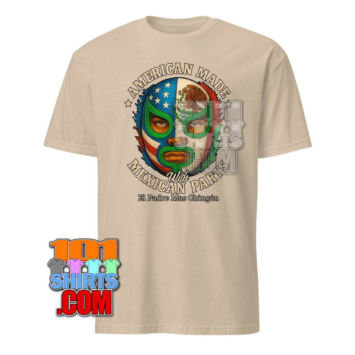 American Made with Mexican Parts Lucha Libre Mask T-Shirt - Patriotic USA Mexico Wrestling Tee - 101SHIRTS