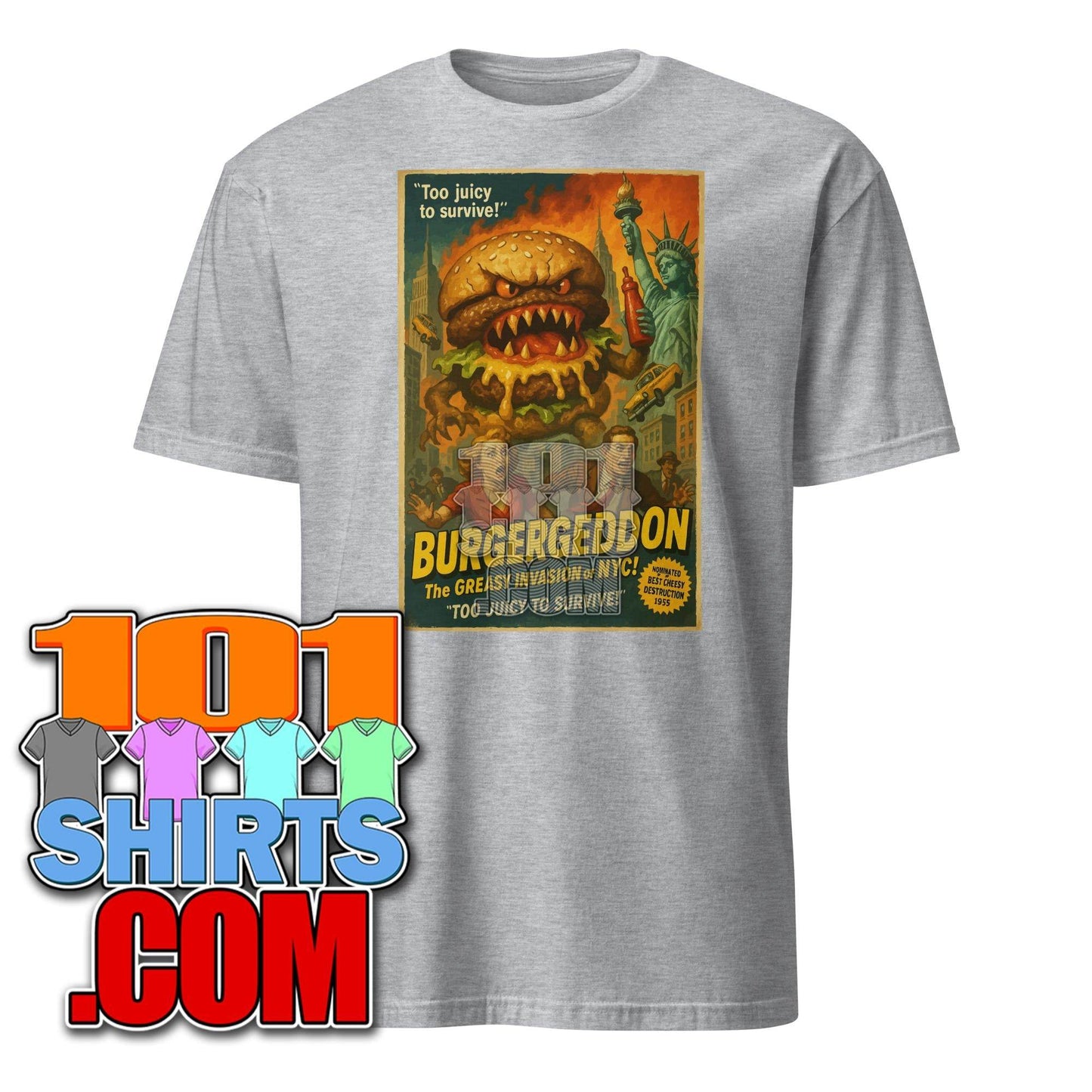 Burgergeddon Cheesburger Invasion Monster Attack Comic Style Funny T-Shirt - 101SHIRTS