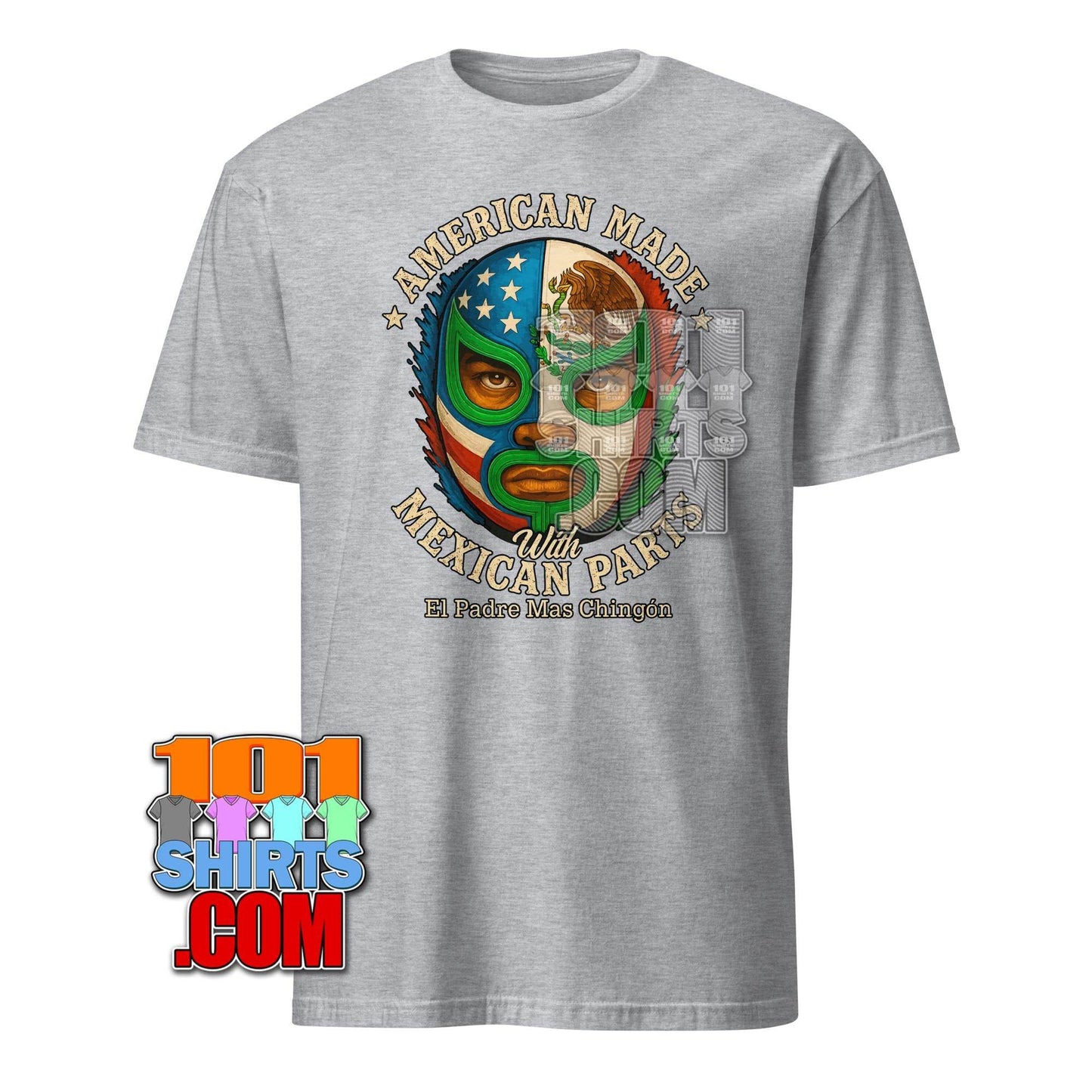 American Made with Mexican Parts Lucha Libre Mask T-Shirt - Patriotic USA Mexico Wrestling Tee - 101SHIRTS
