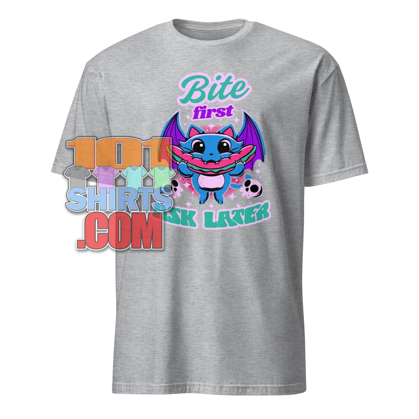 Bite First Ask Later Vampire Bat Hot Dog T-Shirt - Spooky Cute & Hungry Tee - 101SHIRTS