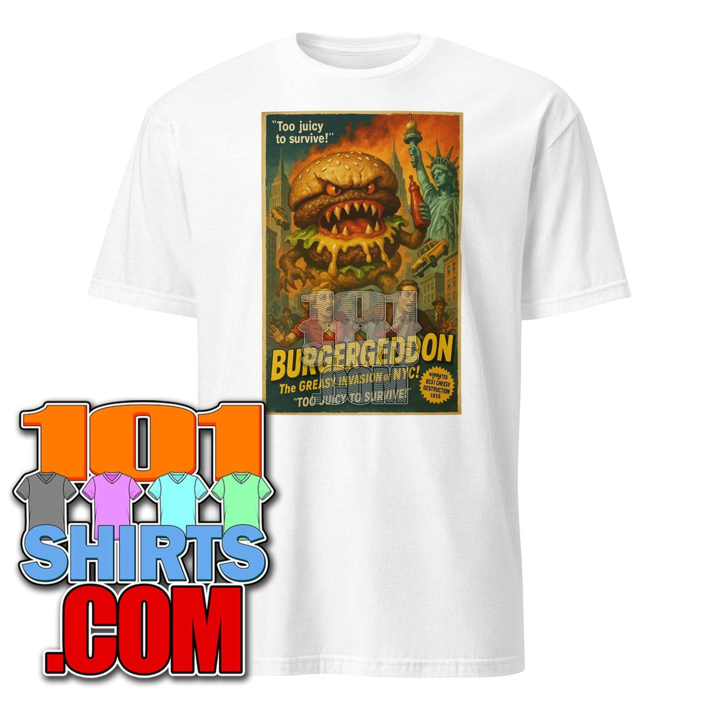 Burgergeddon Cheesburger Invasion Monster Attack Comic Style Funny T-Shirt - 101SHIRTS