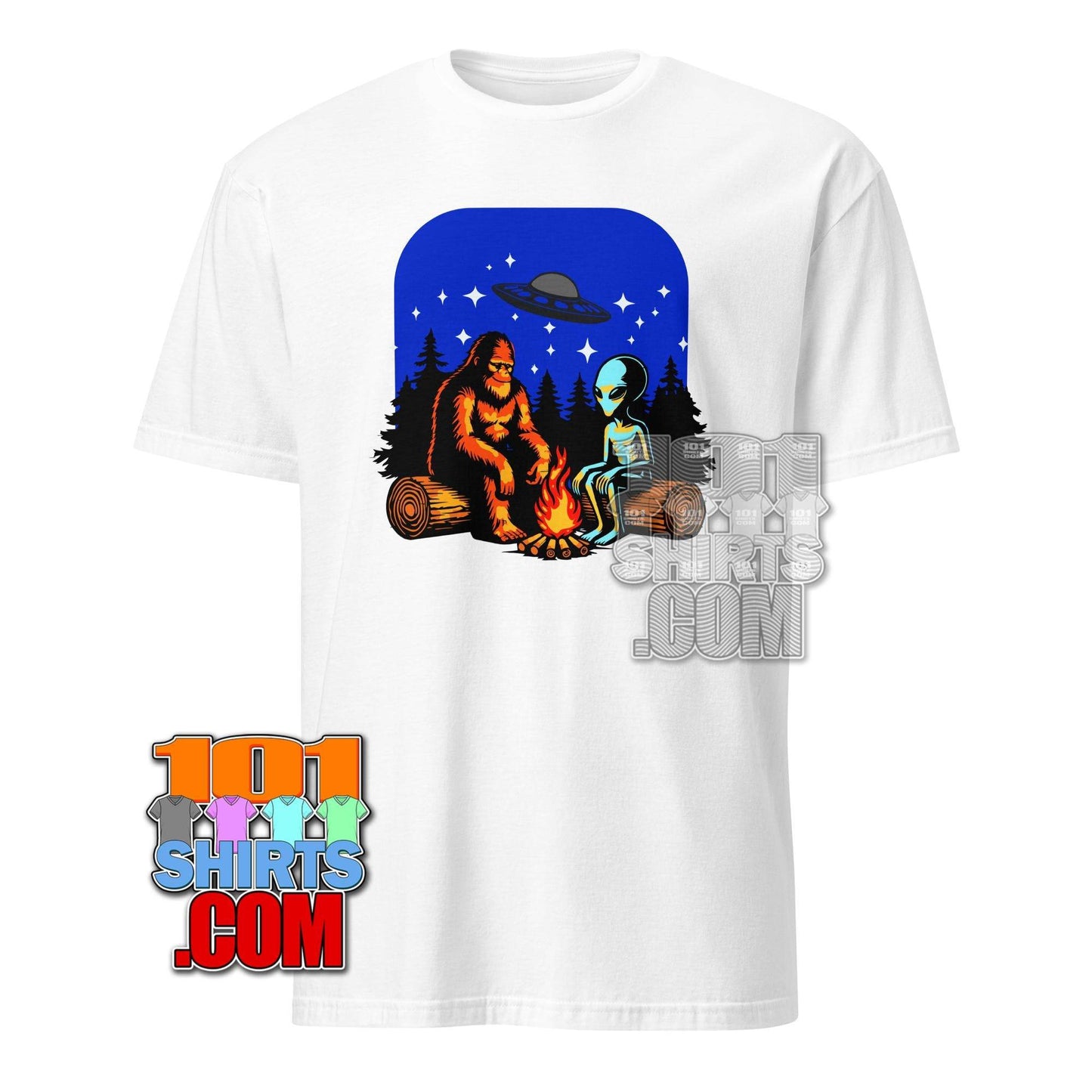 Bigfoot & Alien Campfire T-Shirt – Where Cryptozoology Meets the Cosmos! Tee - 101SHIRTS