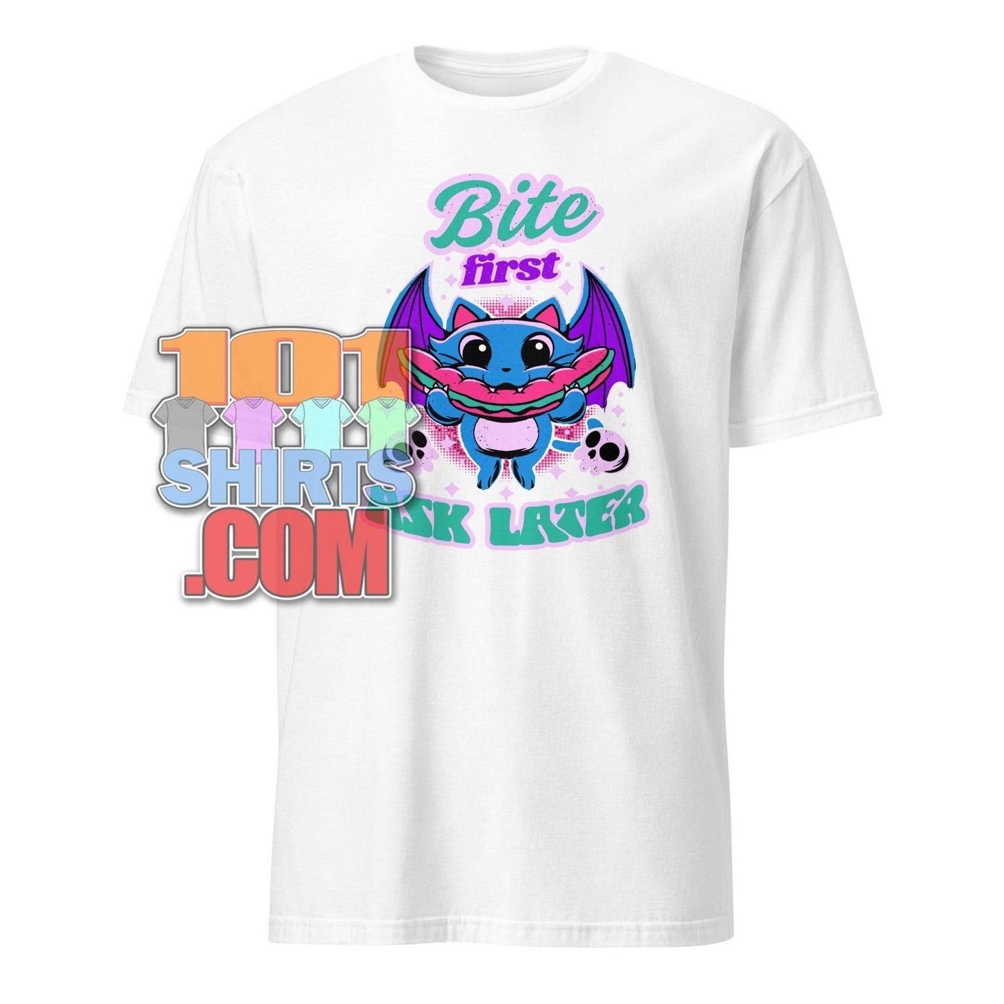 Bite First Ask Later Vampire Bat Hot Dog T-Shirt - Spooky Cute & Hungry Tee - 101SHIRTS