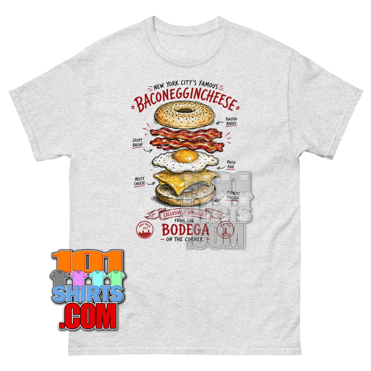 Detailed vintage-style New York Bacon Egg and Cheese T-Shirt featuring an exploded bagel sandwich illustration inspired by classic NYC bodegas.