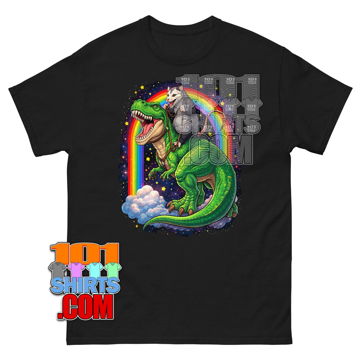 Opossum Riding T-Rex Rainbow Space T-Shirt Funny Dino Graphic Tee