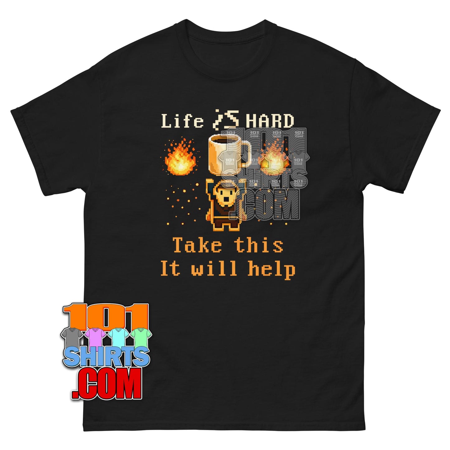 Life Is Hard Coffee Pixel Art T-Shirt Funny Retro Gamer Graphic Tee
