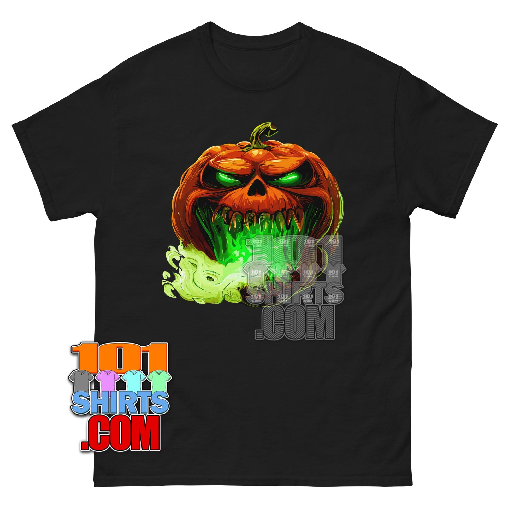 Evil Pumpkin Face T-Shirt Scary Green Fire Halloween Graphic Tee