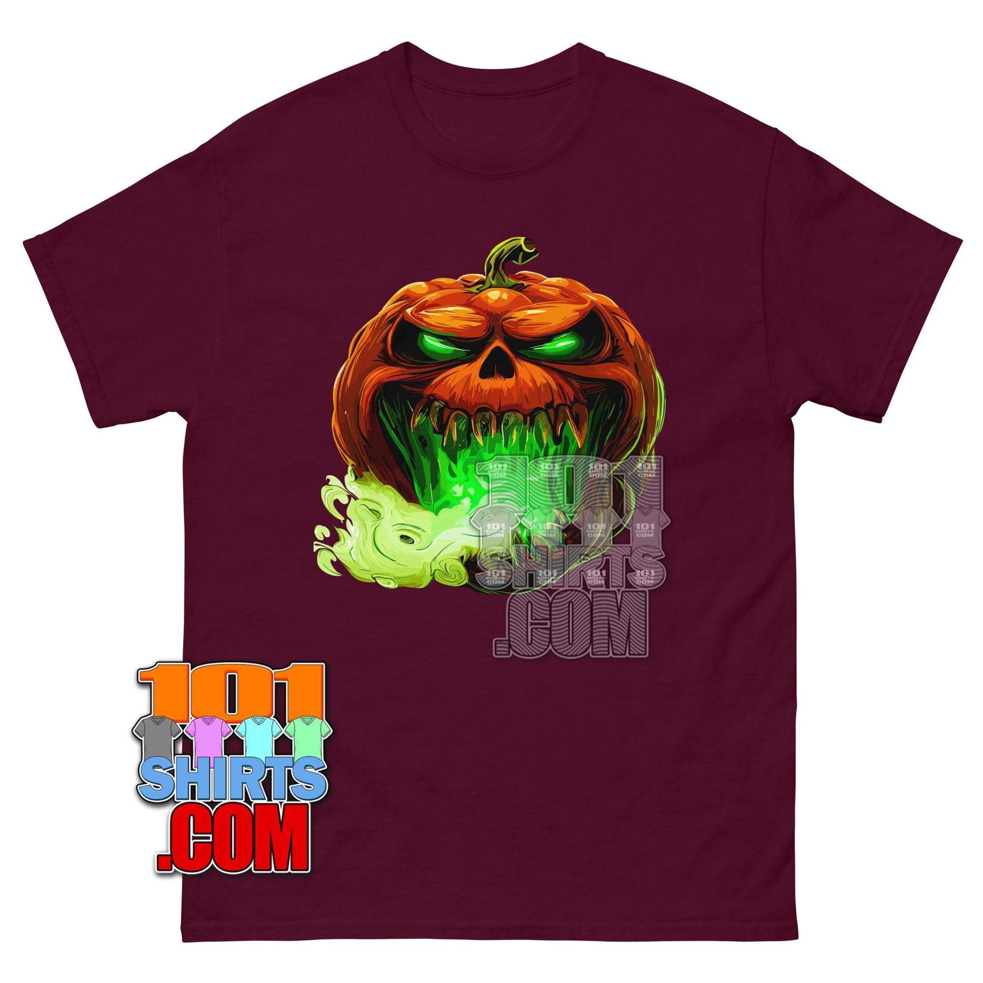 Evil Pumpkin Face T-Shirt Scary Green Fire Halloween Graphic Tee