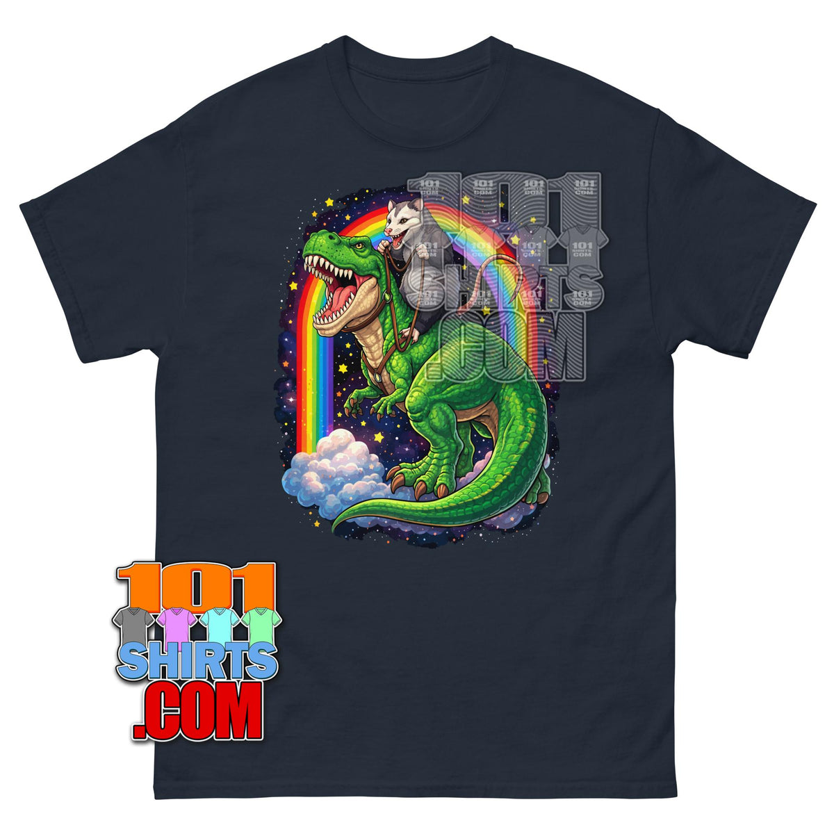 Opossum Riding T-Rex Rainbow Space T-Shirt Funny Dino Graphic Tee