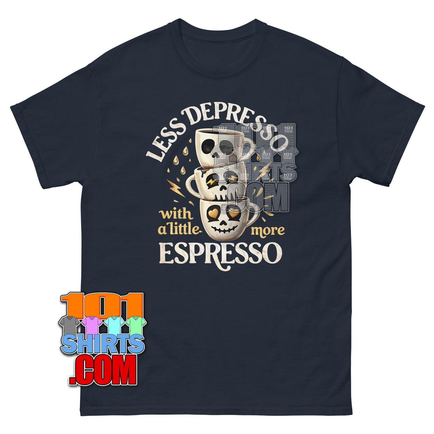 Less Depresso More Espresso Funny Coffee Skeleton Graphic T-Shirt