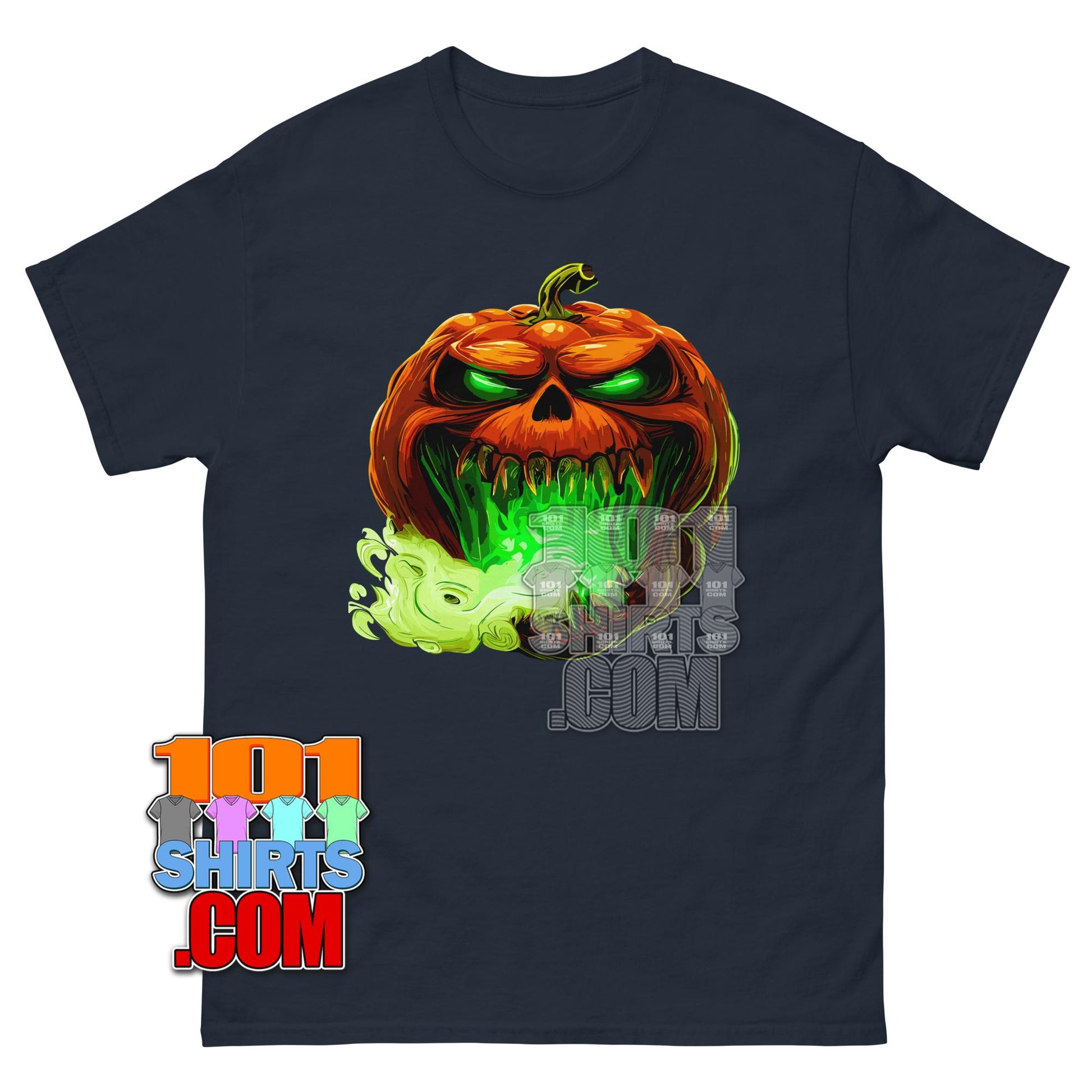 Evil Pumpkin Face T-Shirt Scary Green Fire Halloween Graphic Tee