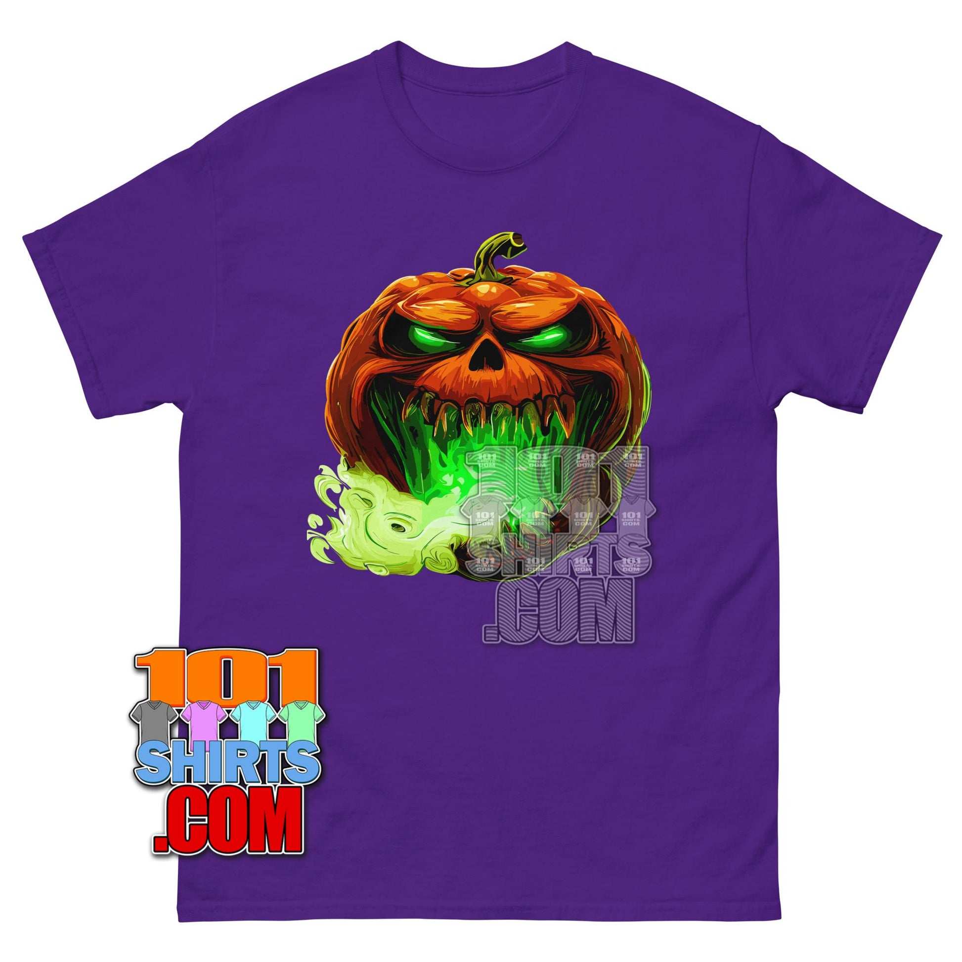 Evil Pumpkin Face T-Shirt Scary Green Fire Halloween Graphic Tee