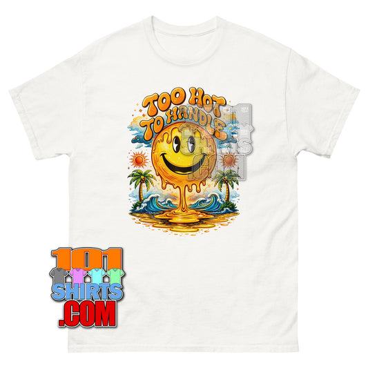 Too Hot To Handle T-Shirt Retro Melting Smiley Face Summer Beach Wear