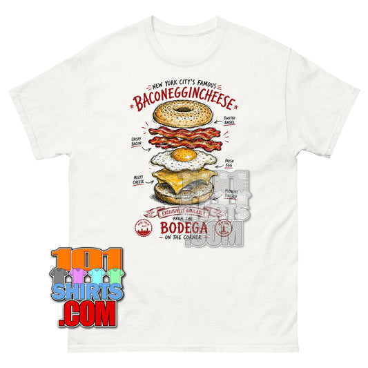 Detailed vintage-style New York Bacon Egg and Cheese T-Shirt featuring an exploded bagel sandwich illustration inspired by classic NYC bodegas.