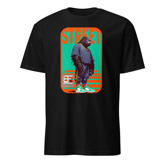 101SHIRTS black gorilla streetwear t-shirt with bold retro graphic of an urban gorilla in hoodie and sneakers