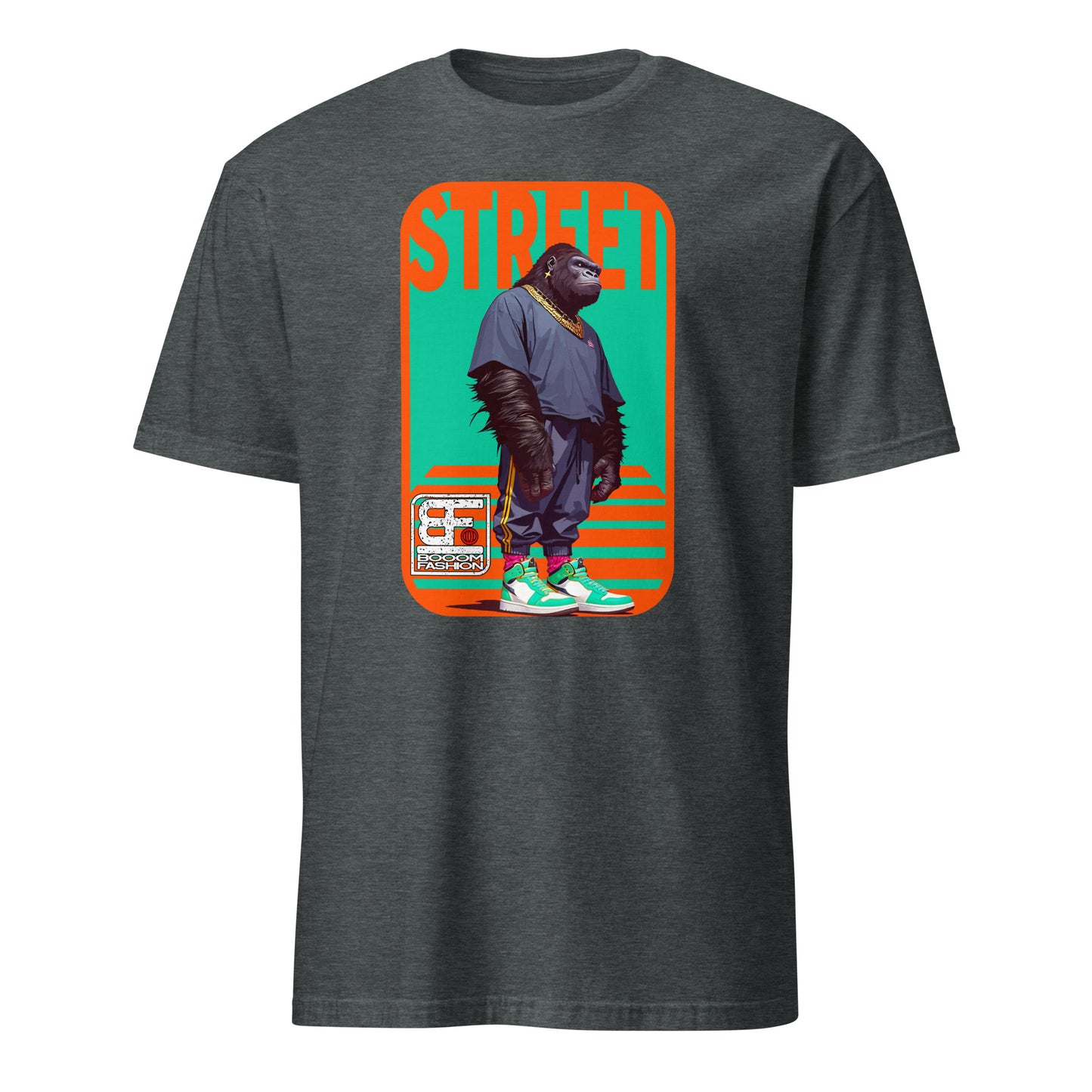 101SHIRTS charcoal gray tee with bold colorful gorilla streetwear t-shirt graphic showing gorilla in sneakers