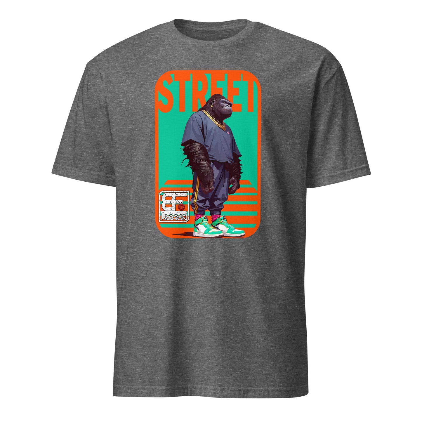 101SHIRTS gray tee with bold neon gorilla graphic wearing sneakers and chain, gorilla streetwear t-shirt