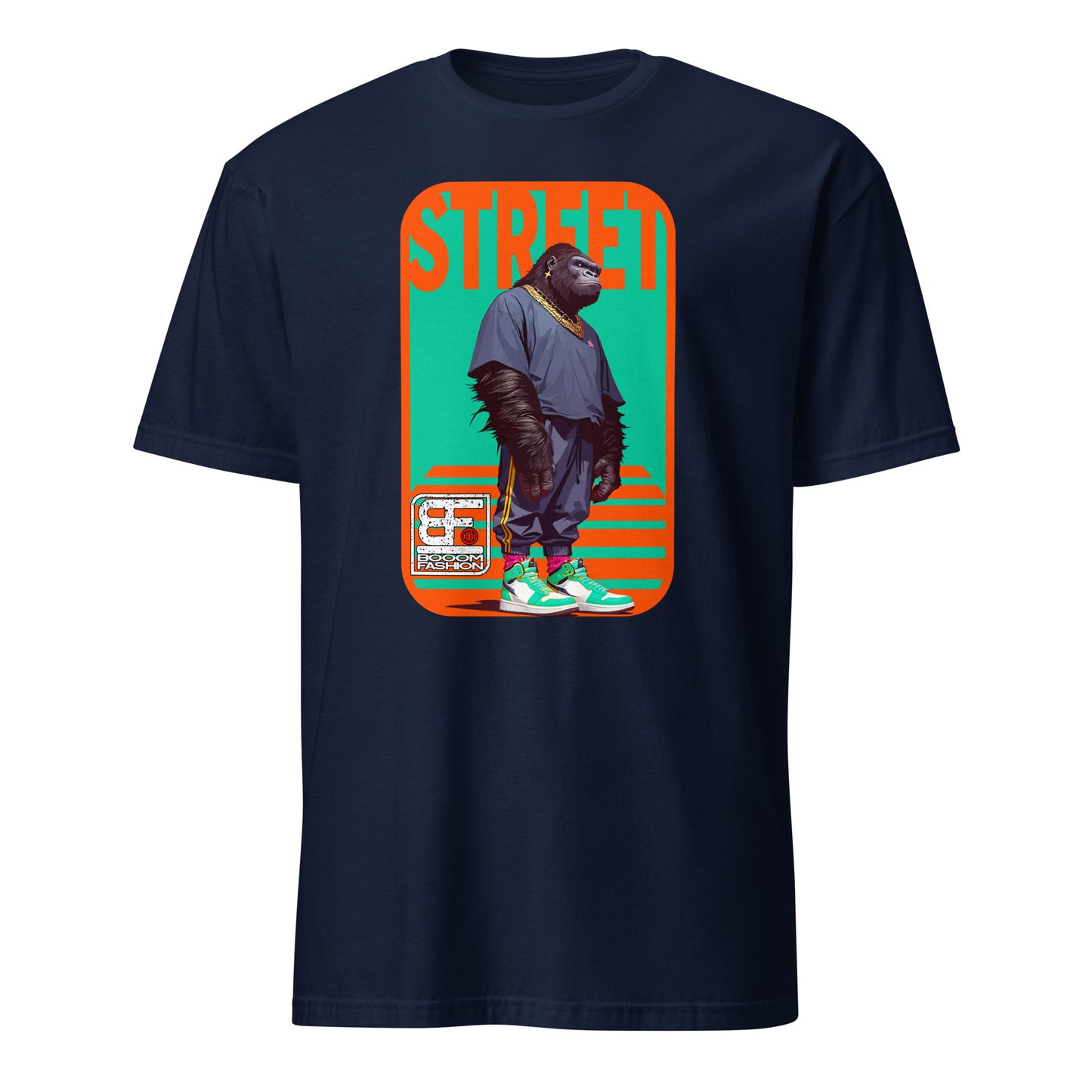 101SHIRTS navy gorilla streetwear t-shirt with graphic of standing gorilla wearing sneakers against neon orange teal panel