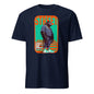 101SHIRTS navy gorilla streetwear t-shirt with graphic of standing gorilla wearing sneakers against neon orange teal panel