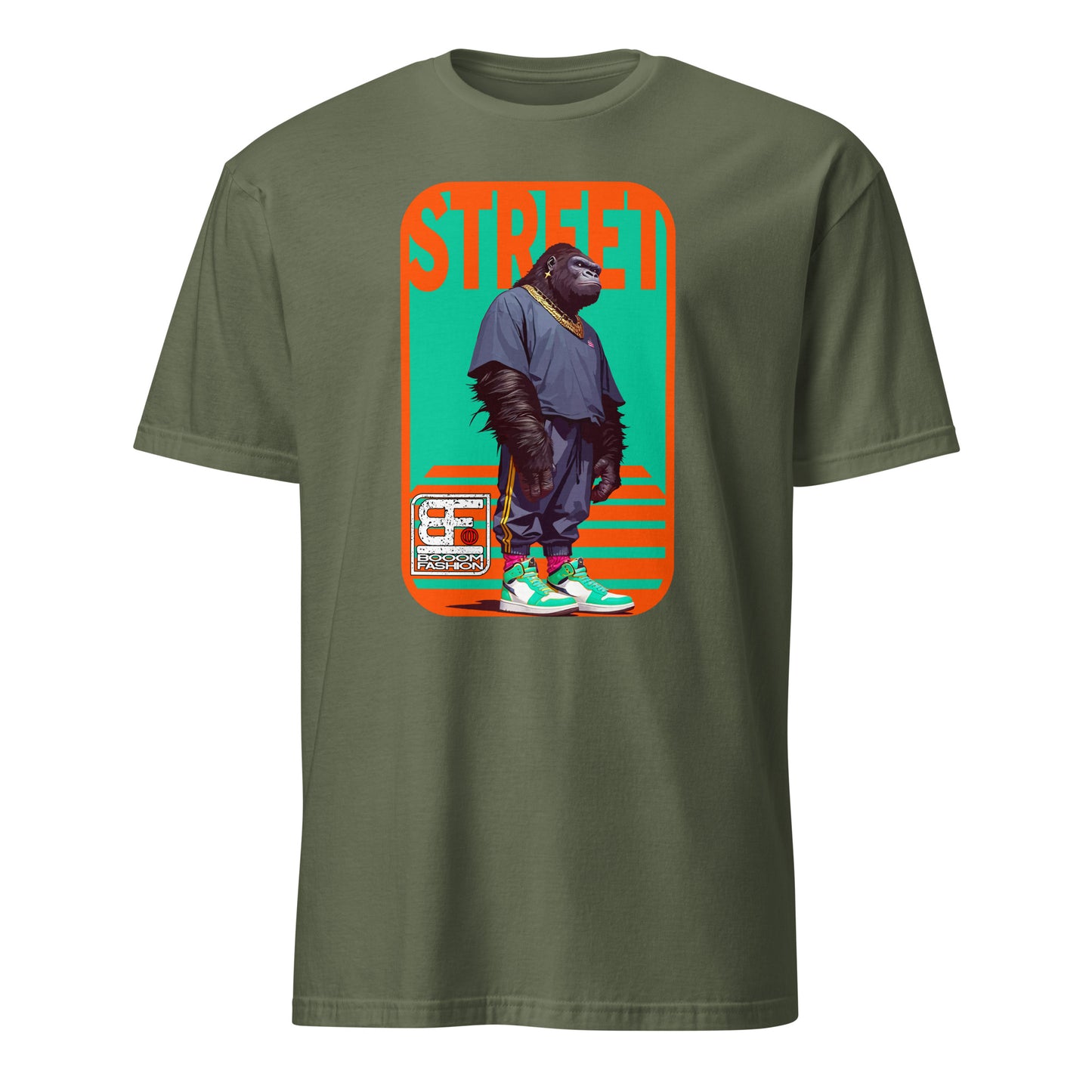 101SHIRTS olive green gorilla streetwear t-shirt with graphic gorilla in sneakers and bold colors