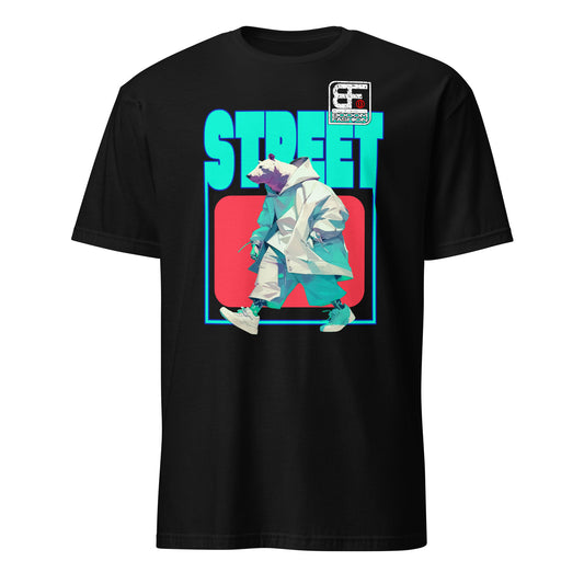 101SHIRTS black tee with bold turquoise STREET text red square and walking polar bear illustration polar bear streetwear t-shirt