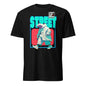 101SHIRTS black tee with bold turquoise STREET text red square and walking polar bear illustration polar bear streetwear t-shirt
