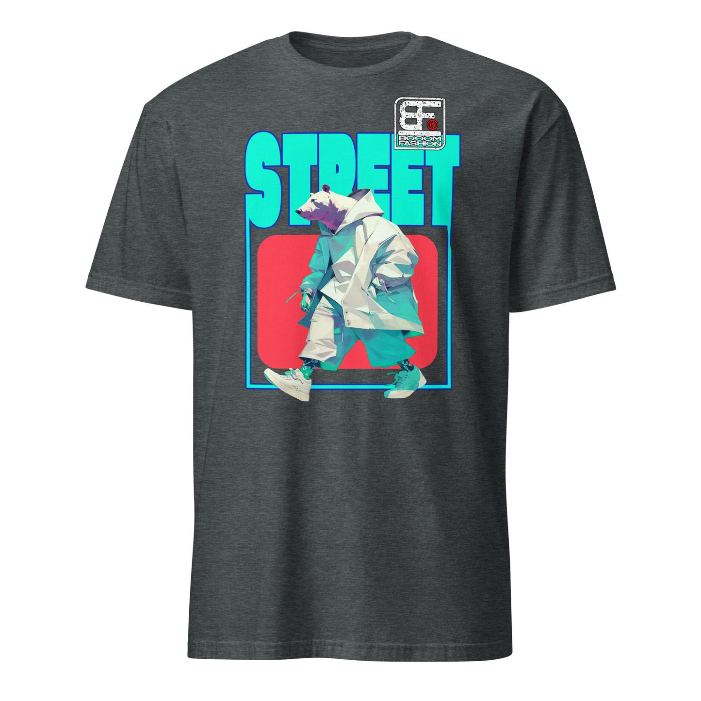 Charcoal graphic tee with stylized polar bear in coat and sneakers and turquoise STREET text polar bear streetwear t-shirt