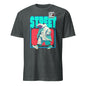 Charcoal graphic tee with stylized polar bear in coat and sneakers and turquoise STREET text polar bear streetwear t-shirt
