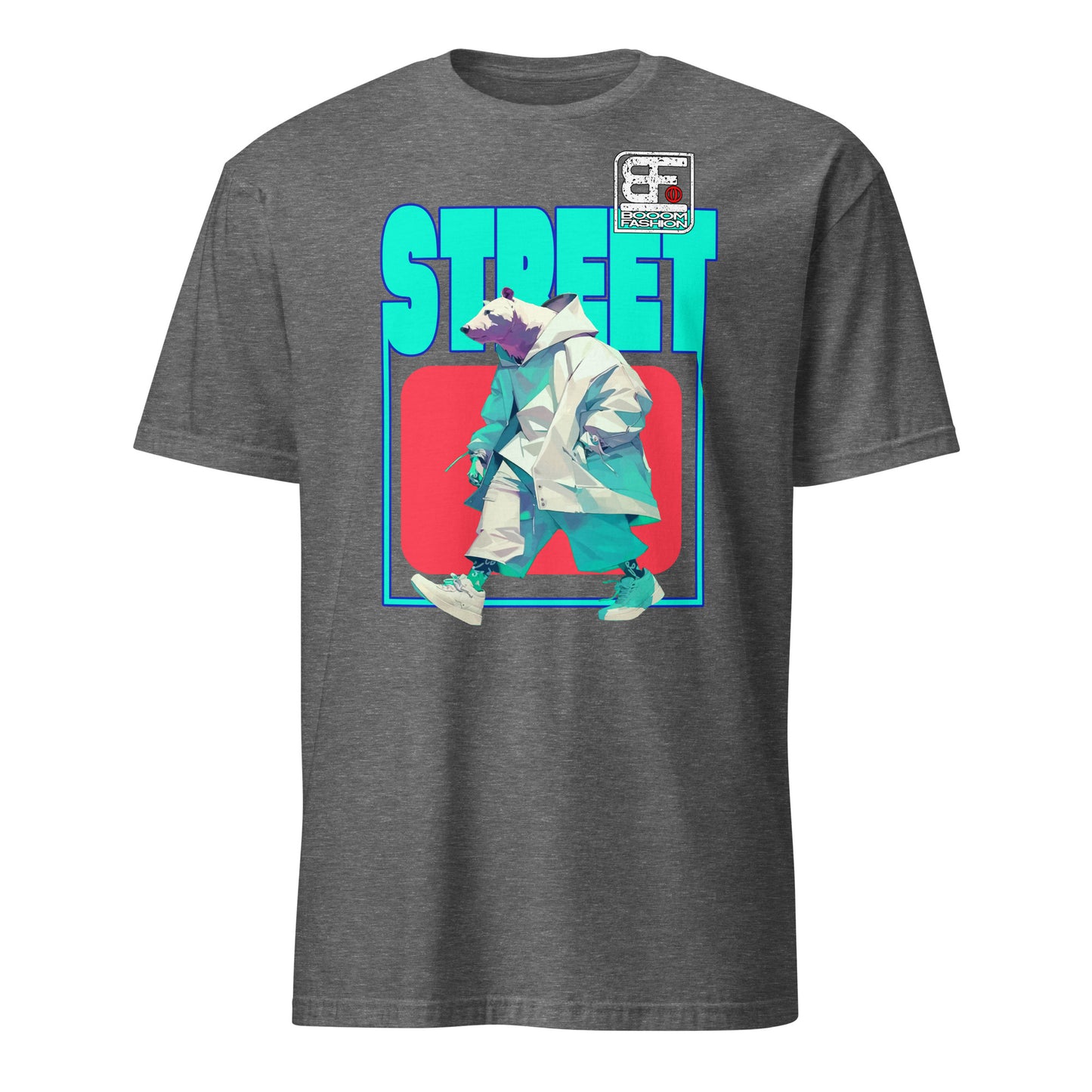 101SHIRTS gray tee with stylized polar bear in teal oversized coat walking over bold STREET text polar bear streetwear t-shirt