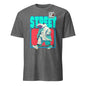 101SHIRTS gray tee with stylized polar bear in teal oversized coat walking over bold STREET text polar bear streetwear t-shirt