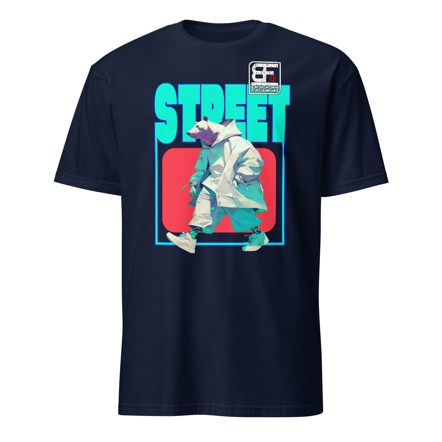 101SHIRTS navy polar bear streetwear t-shirt with neon teal STREET text and walking bear in oversized coat and sneakers
