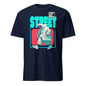 101SHIRTS navy polar bear streetwear t-shirt with neon teal STREET text and walking bear in oversized coat and sneakers