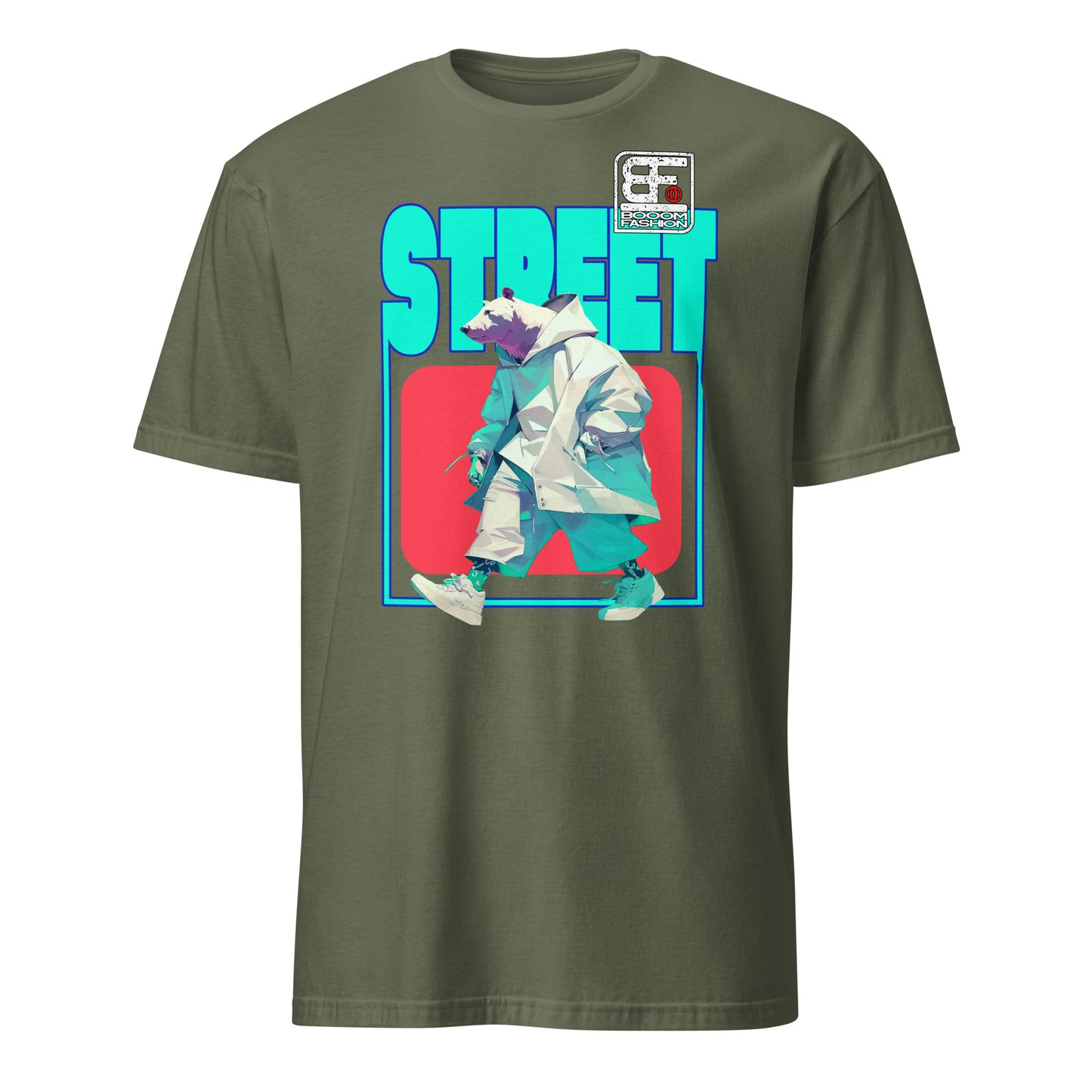 Olive green polar bear streetwear t-shirt featuring walking polar bear graphic with turquoise STREET text and red background