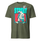 Olive green polar bear streetwear t-shirt featuring walking polar bear graphic with turquoise STREET text and red background