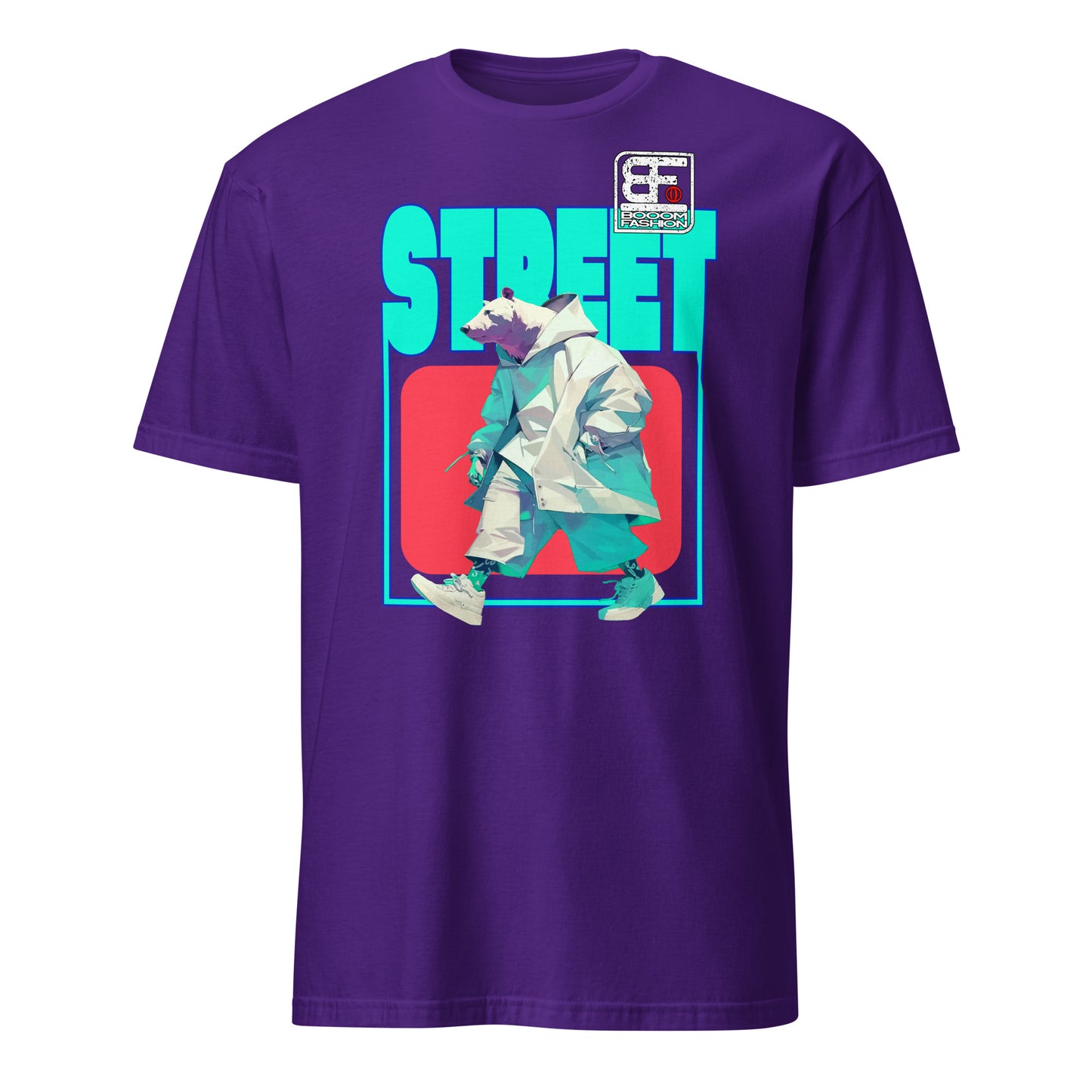 Purple 101SHIRTS t shirt with aqua STREET graphic walking polar bear in trench coat and sneakers polar bear streetwear t-shirt