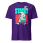 Purple 101SHIRTS t shirt with aqua STREET graphic walking polar bear in trench coat and sneakers polar bear streetwear t-shirt
