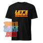 Black 101SHIRTS vampire humor graphic tee with Let’s Hang Out text in bold yellow and red