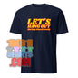 Navy blue vampire humor graphic tee with yellow and red Let’s Hang Out text from 101SHIRTS